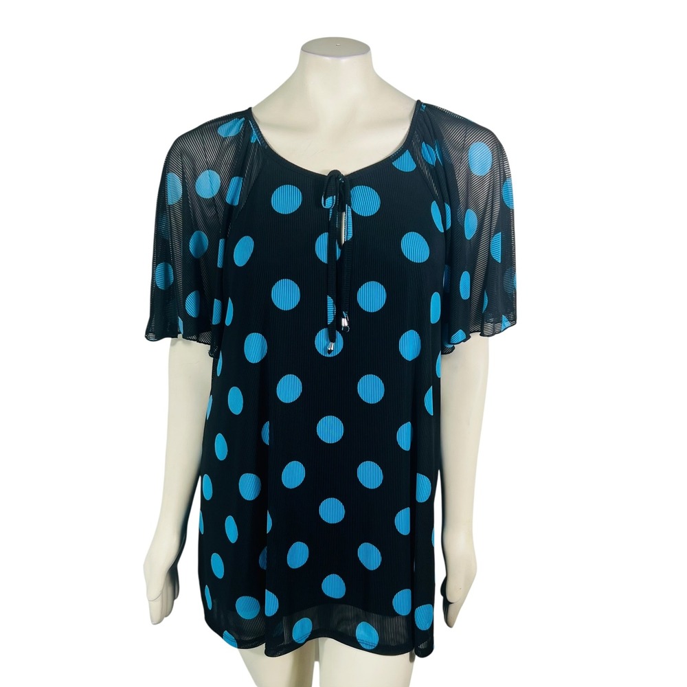 Cato Black Blue Polka-Dot Short Sleeve Blouse Size Large Workwear Career